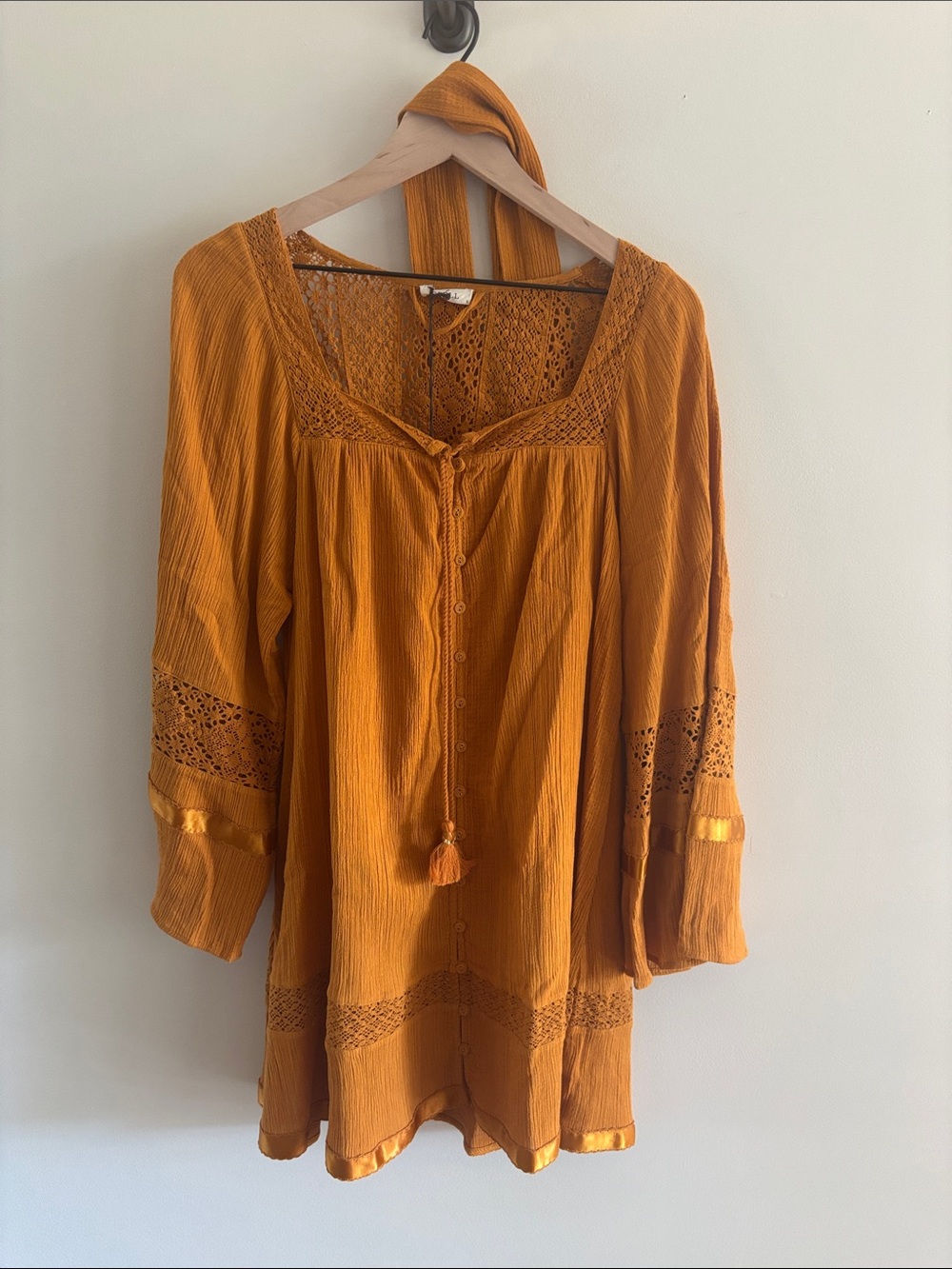 NWT Spell • Mustard Crochet-Trim 100% organic cotton dress